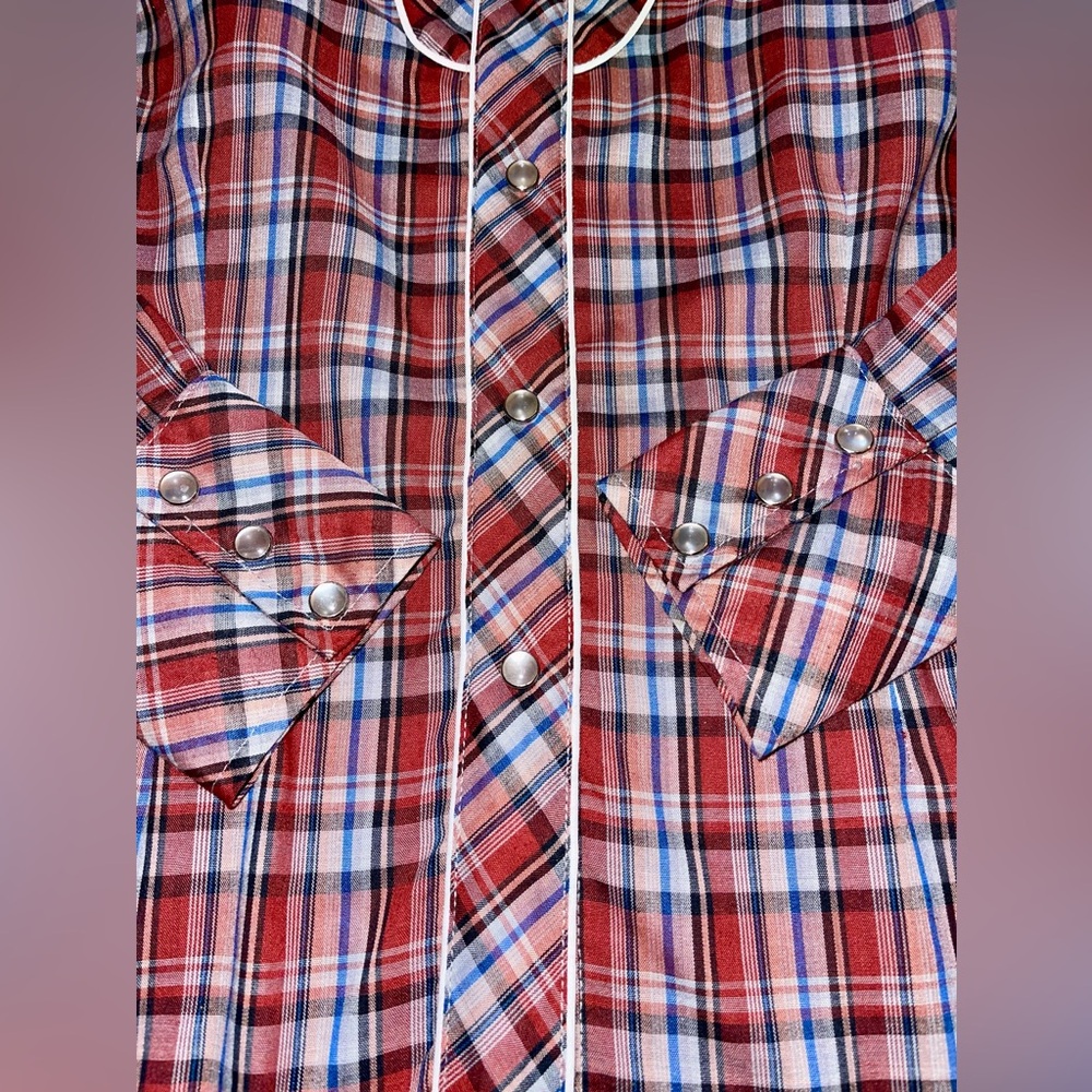 VINTAGE 1950 H BAR C Ranchwear RED Embroidered Plaid Pearl Snap Western Shirt 38 - Picture 6 of 8